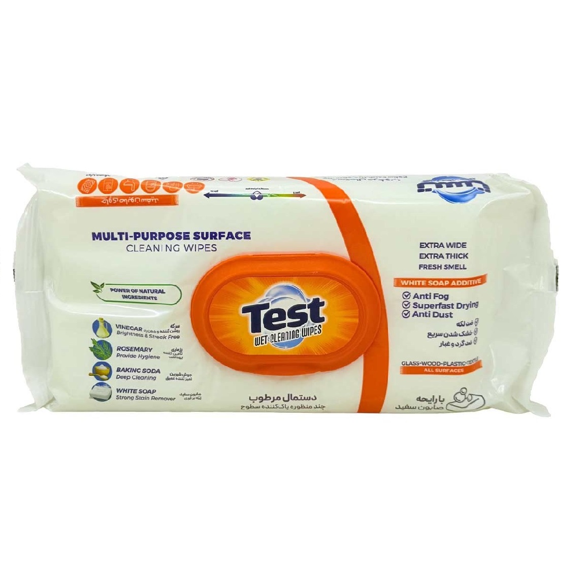 تست دستمال مرطوب چندمنظوره پاک کننده سطوح با رایحه صابون سفید 50 عددی